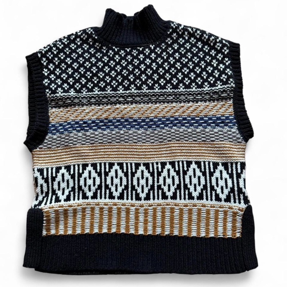 Marled Mock Neck Sweater Vest Size M Black Fair Isle Boho Chunky Knit